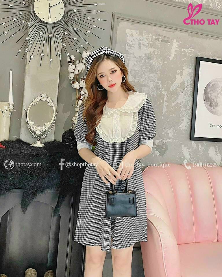 Đầm suông ca ro tay lỡ-QH#damnu