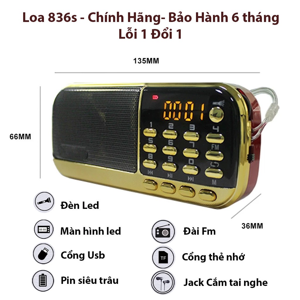 Máy nghe pháp nhạc Mp3 Loa thẻ nhớ Craven CR 836S tụng kinh phật đài FM đèn pin