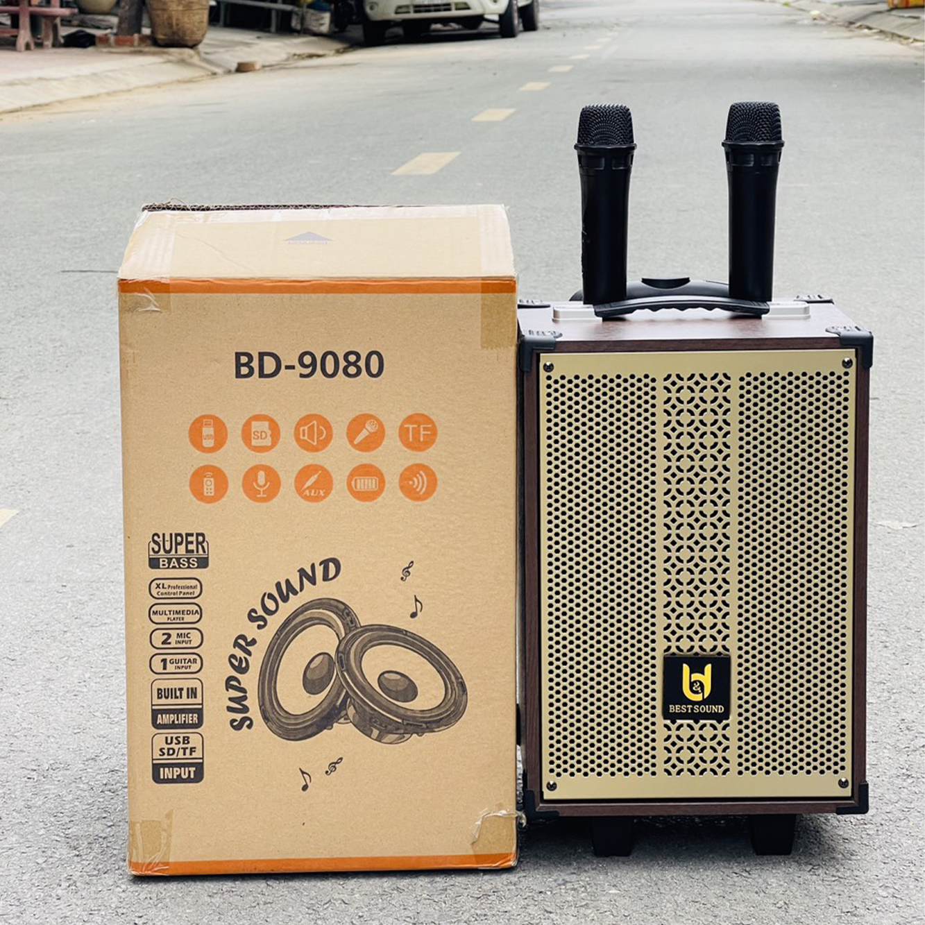 Loa Kéo BD 9080 Kèm 2 Micro Không Dây Hát Karaoke