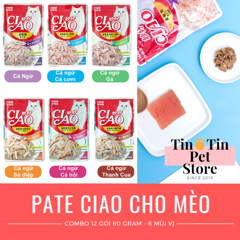 Hộp 12 Gói Pate Inaba Ciao Cho Mèo Mix 6 Vị - Gói 65 gram #Tintin Pet Store