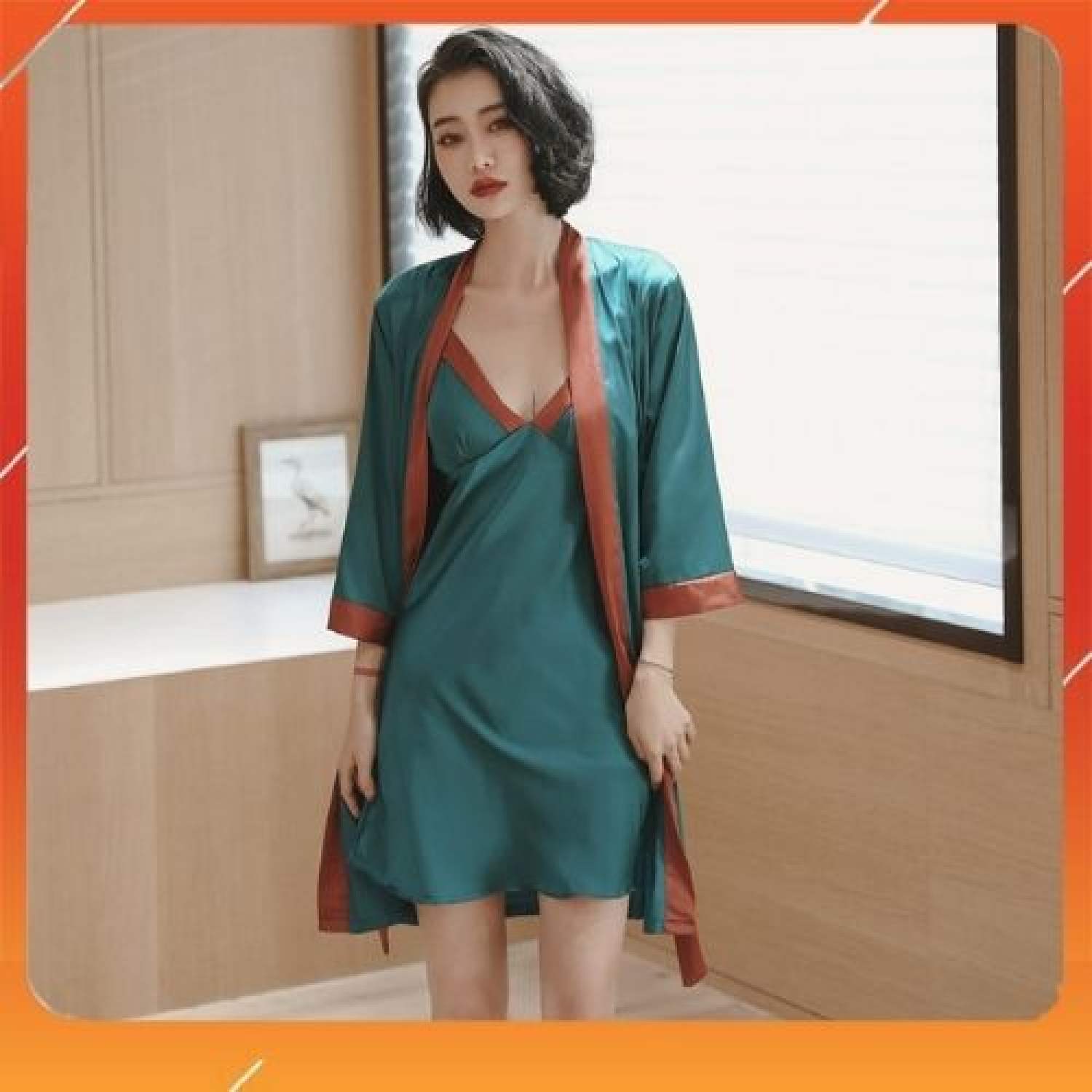 Váy ngủ, đầm ngủ lụa 2 dây kèm áo choàng - hàng cao cấp đệm ngực sẵn sang chảnh