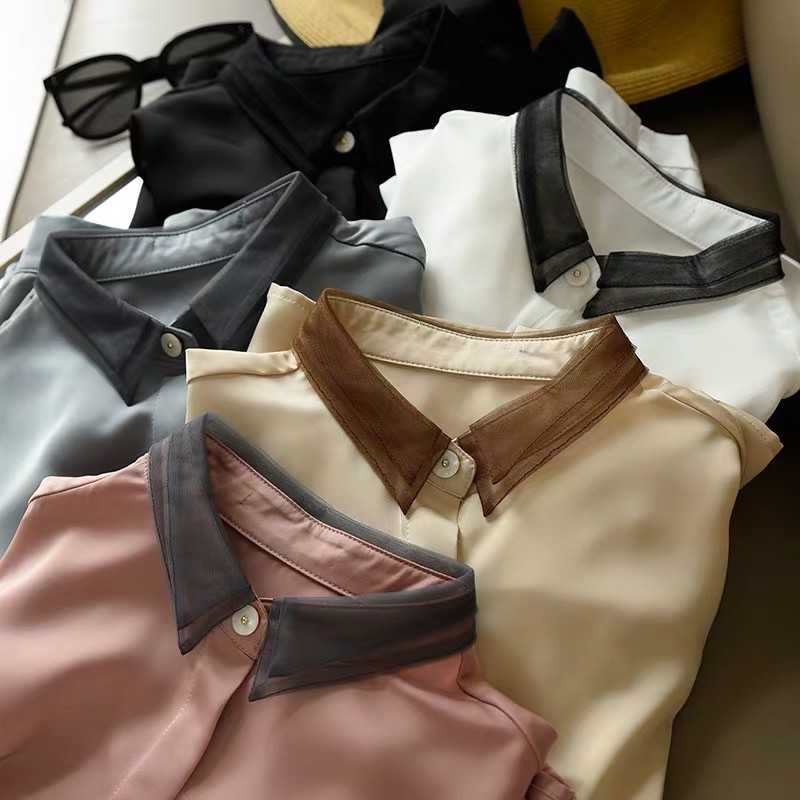 Áo Sơ Mi Lụa Satin Cổ Lưới Mềm Mịn
