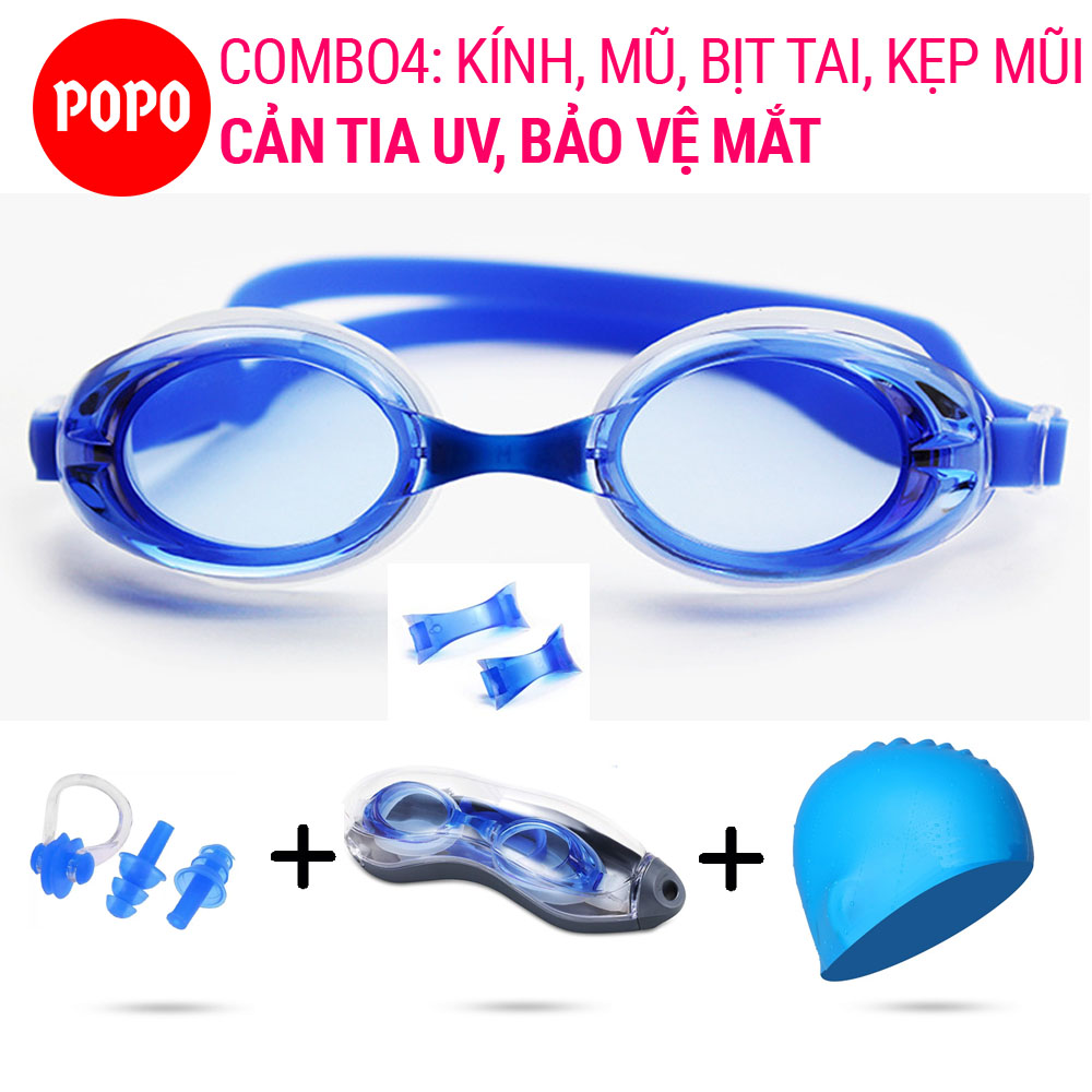 Kính bơi người lớn cho nam nữ 1153 kèm mũ bơi silicone và bịt tai kẹp mũi POPO mắt kính bơi trong chống tia UV chống sương mờ mũ bơi người lớn, nón bơi nữ, mắt kiếng bơi hiện đại