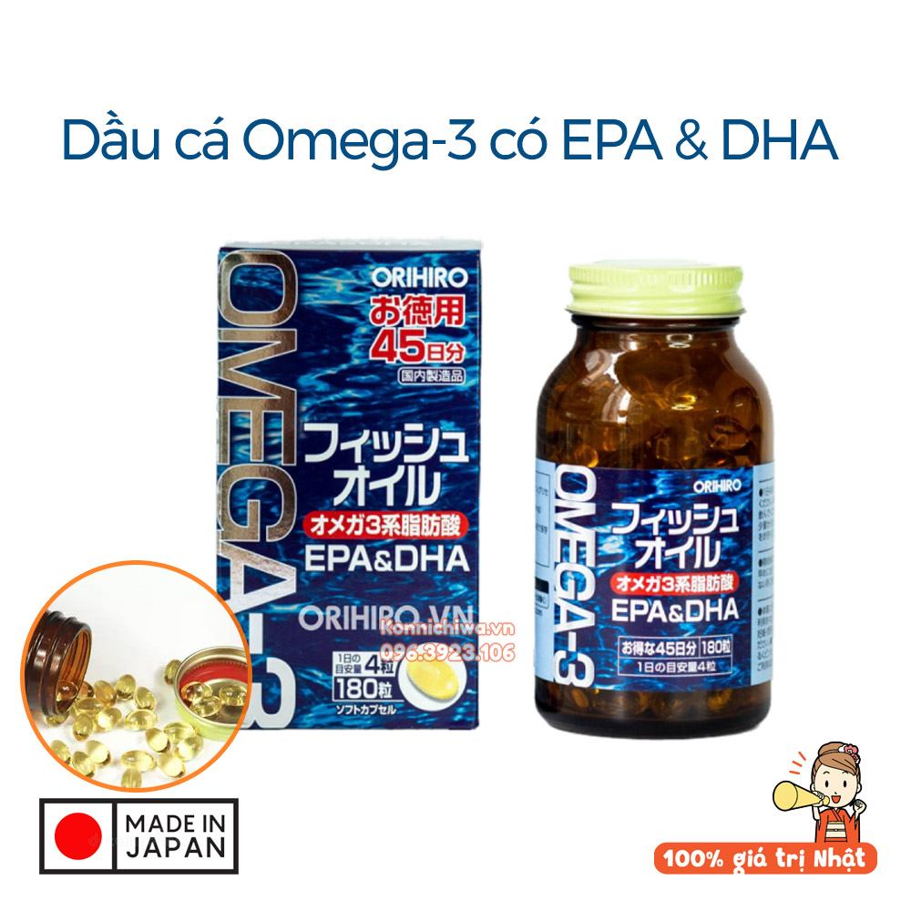 [Hàng Nhật Chuẩn] Dầu Cá Omega 3 DHA/EPA Orihiro 180 Viên Nhật Bản, Sáng Mắt Bổ Não, Hỗ trợ tim mạch