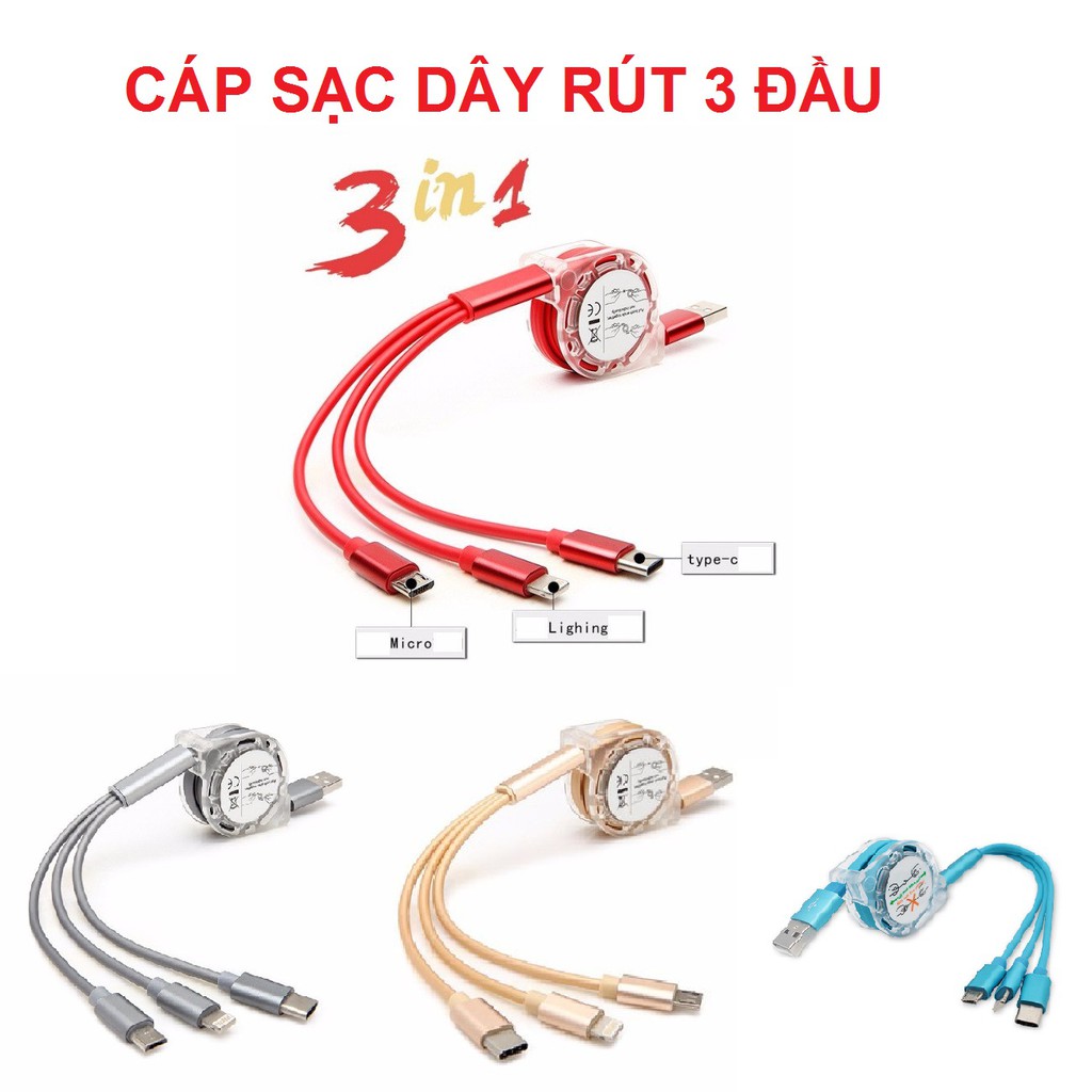 [HCM]Cáp sạc 3 đầu dây rút tiện lợi dùng được cho mọi điện thoại