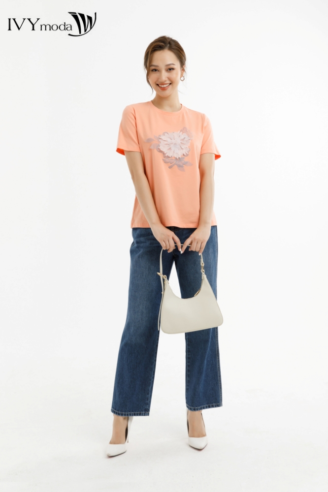 Áo thun đính hoa nổi IVY moda MS 57M7470