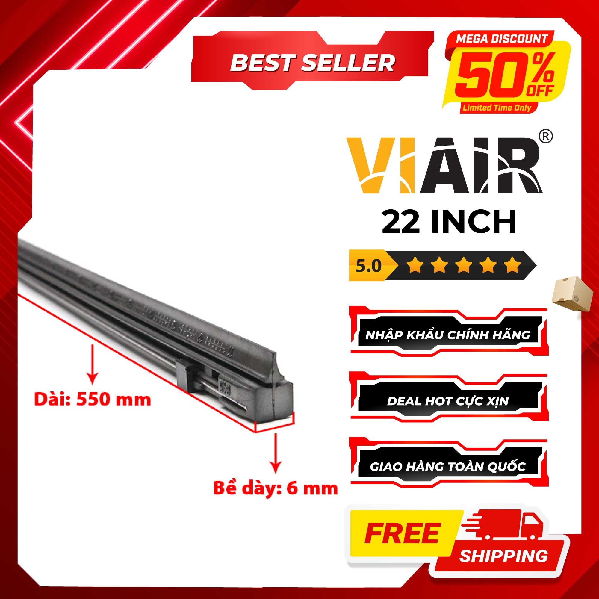 Combo 2 Lưỡi Gạt Mưa Loại A VIAIR R15 (22 Inch/550 mm) - Nhập Khẩu Chính Hãng