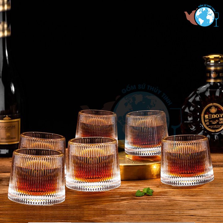 Bộ 6 ly thủy tinh deli kb148b đáy xoay , 6 ly whiskey. cao cấp, ly uống rượu xoay