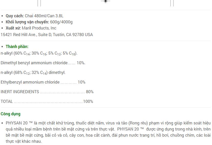 Physan 20 Nhập Mỹ 480ml Siêu diệt khuẩn