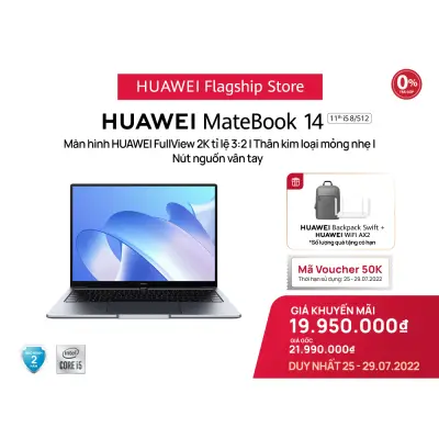 TRẢ GÓP 0% | Máy Tính Xách Tay HUAWEI MateBook 14 (8GB/512GB) | Intel® Core™ Thế Hệ Thứ 11 | Màn Hình HUAWEI 3:2 Fullview 2k | Nút Nguồn Vân Tay | Hàng Phân Phối Chính Hãng