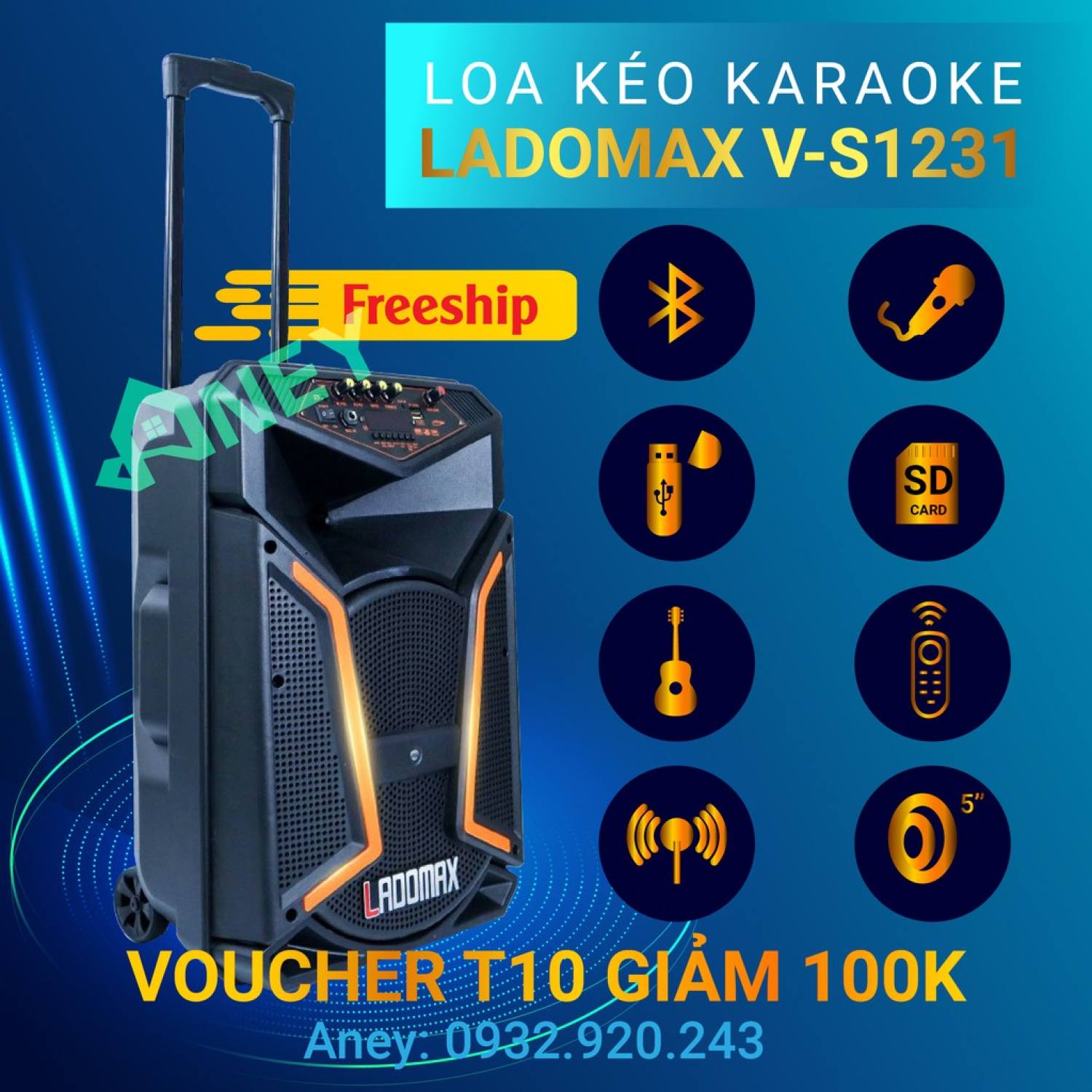 Loa kéo karaoke mini giá rẻ LADOMAX VS-1231, Loa kéo bluetooth hát karaoke gia đình âm thanh cực hay + Tặng micro thumbnail