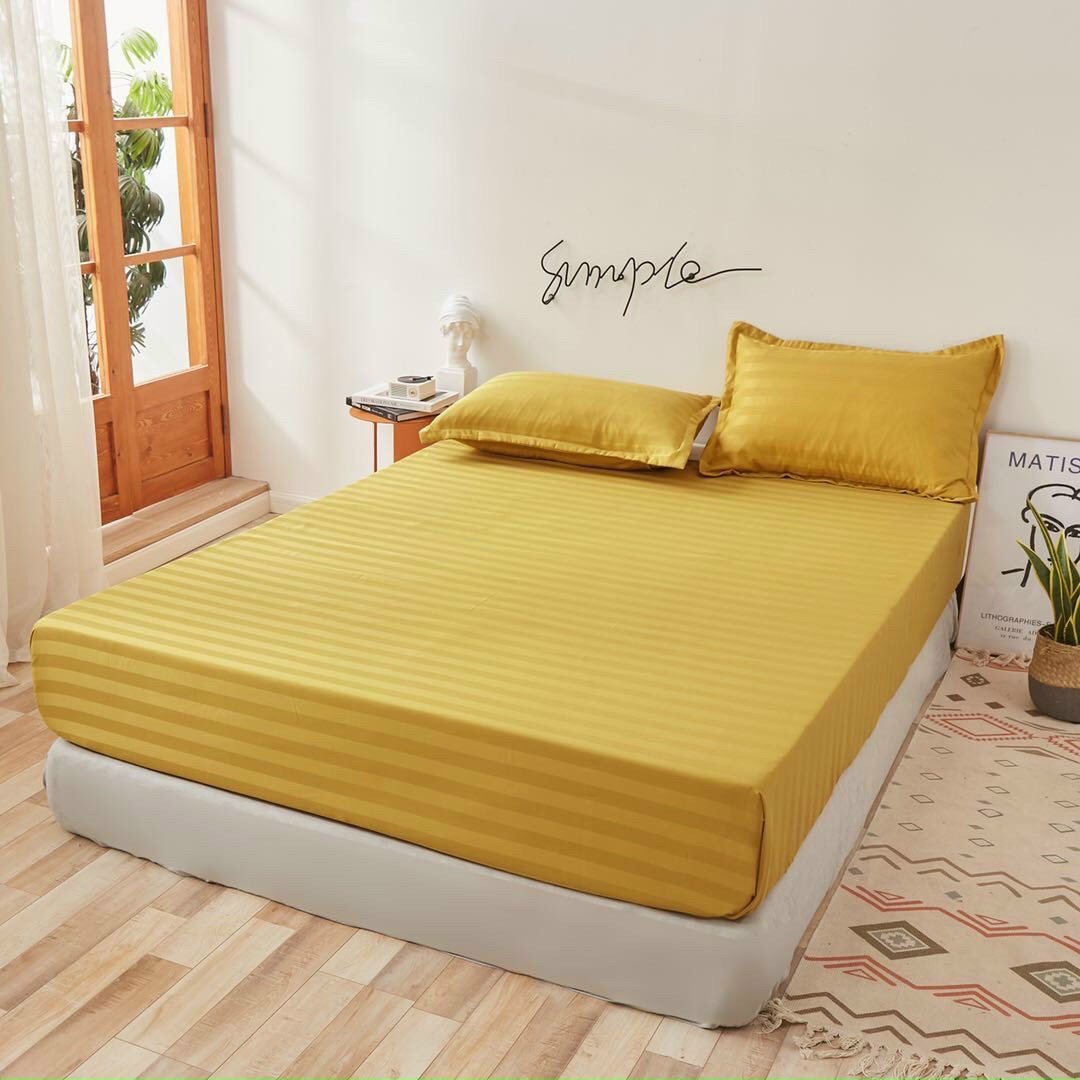 Bộ ga gối cotton lụa sọc 3f lan pham bedding - vàng