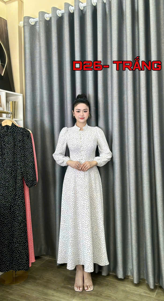 ĐẦM MAXI CHẤM BI TAY DÀI CÀI NÚT DUYÊN DÁNG