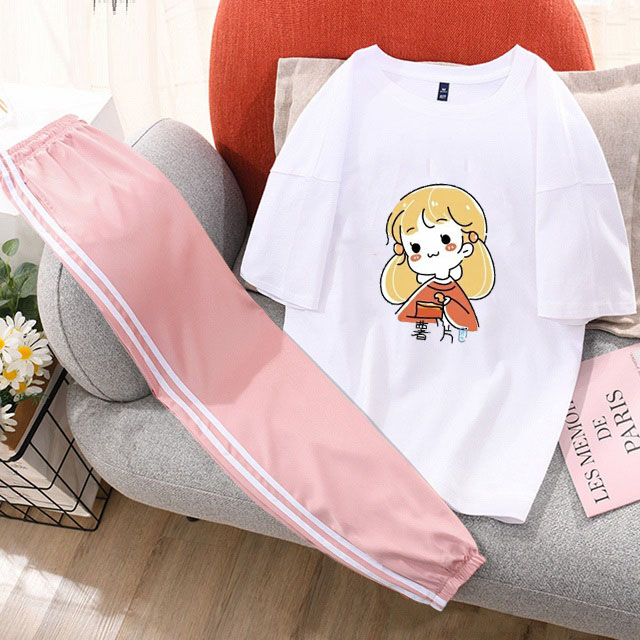 Sét Bộ Đồ Quần Áo Nữ Ngắn Tay Siêu Xinh Cute Chất Liệu Cotton Organic In Họa Tiết Dễ Thương Kèm Quần Thun Sọc Bo Gấu