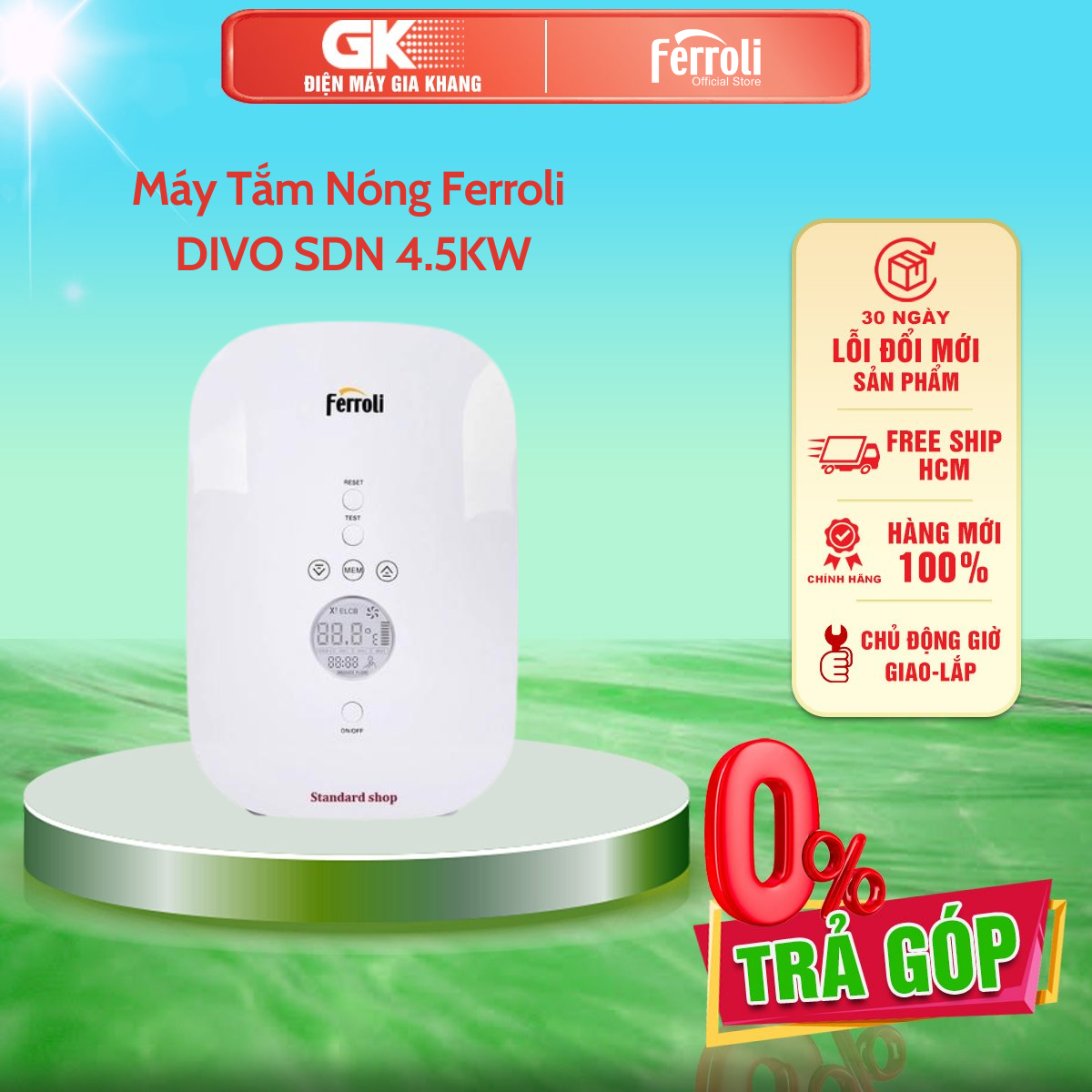 Máy Tắm Nóng Trực Tiếp Ferroli DIVO SDN 4.5KW - GIAO TOÀN QUỐC - FREESHIP HCM DIVO SDN 4.5 kW - Chức Năng Chống Giật Điện ELCB
