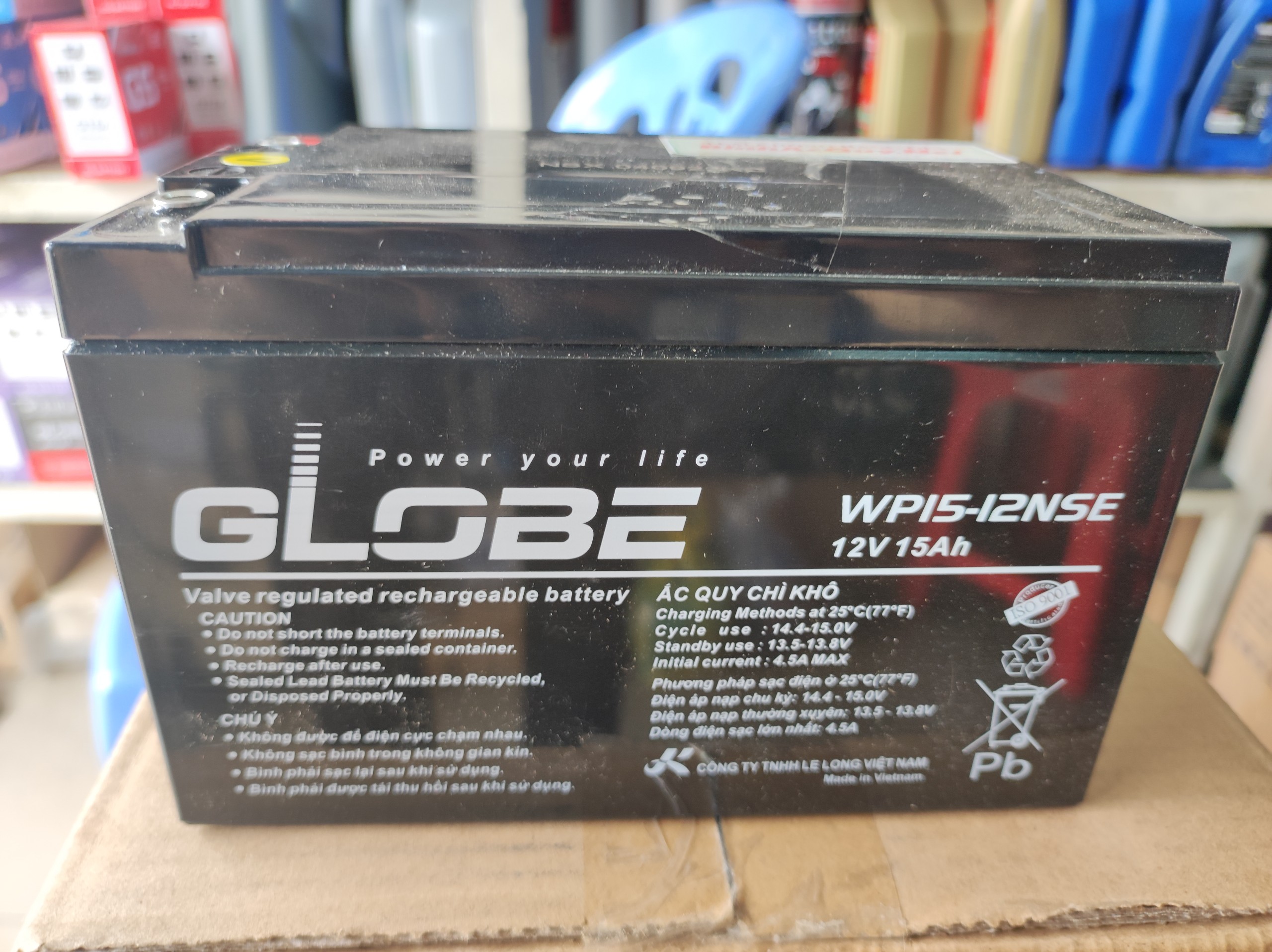 BÌNH ẮC QUY WP15-12SE (12V - 15Ah ) - GLOBE cho xe đạp điện, xe máy điện