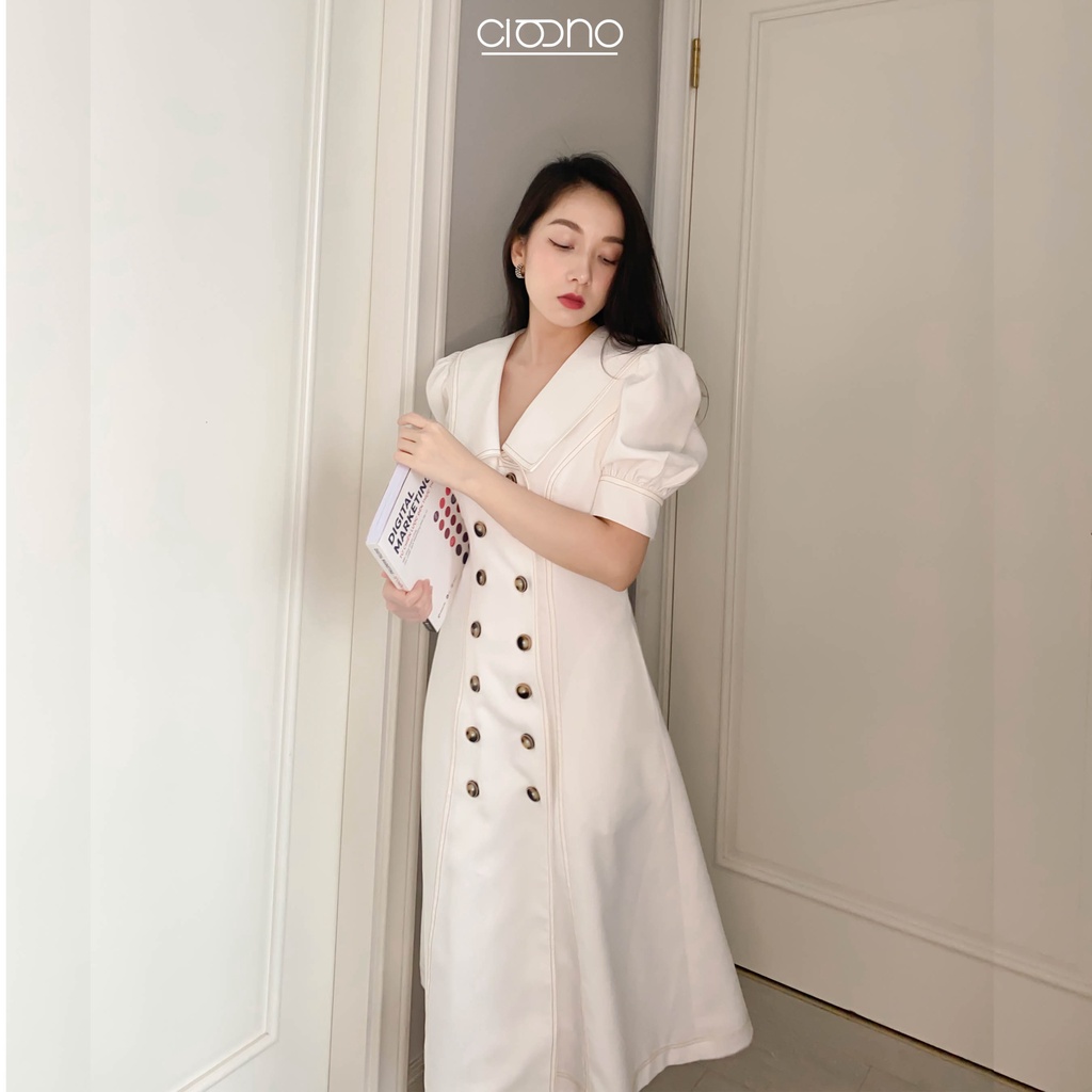 Cigno-đầm đen tay phồng cổ chữ v viền chỉ nổi cổ điển martha dress