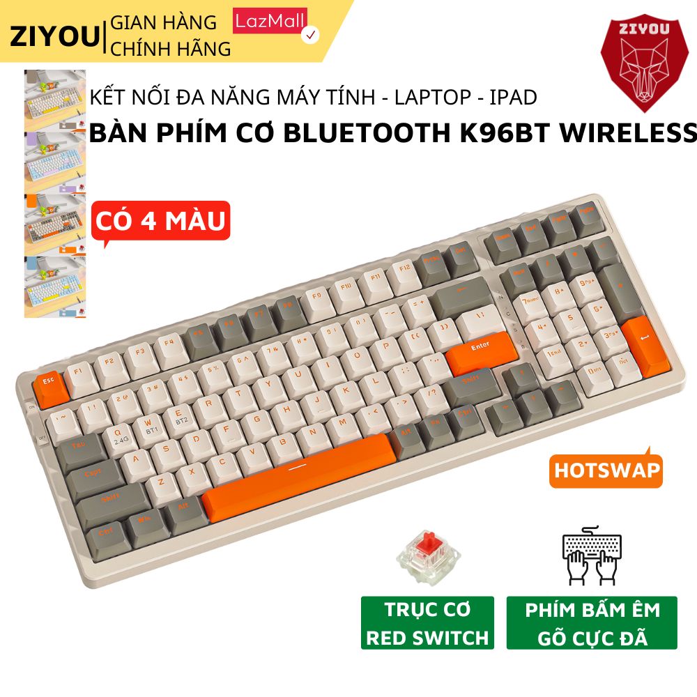 Bàn Phím Cơ Không Dây Bluetooth Ziyou K96BT Full SIZE Hotswap Trục Cơ Red Switch Cho Máy Tính, Laptop, Ipad