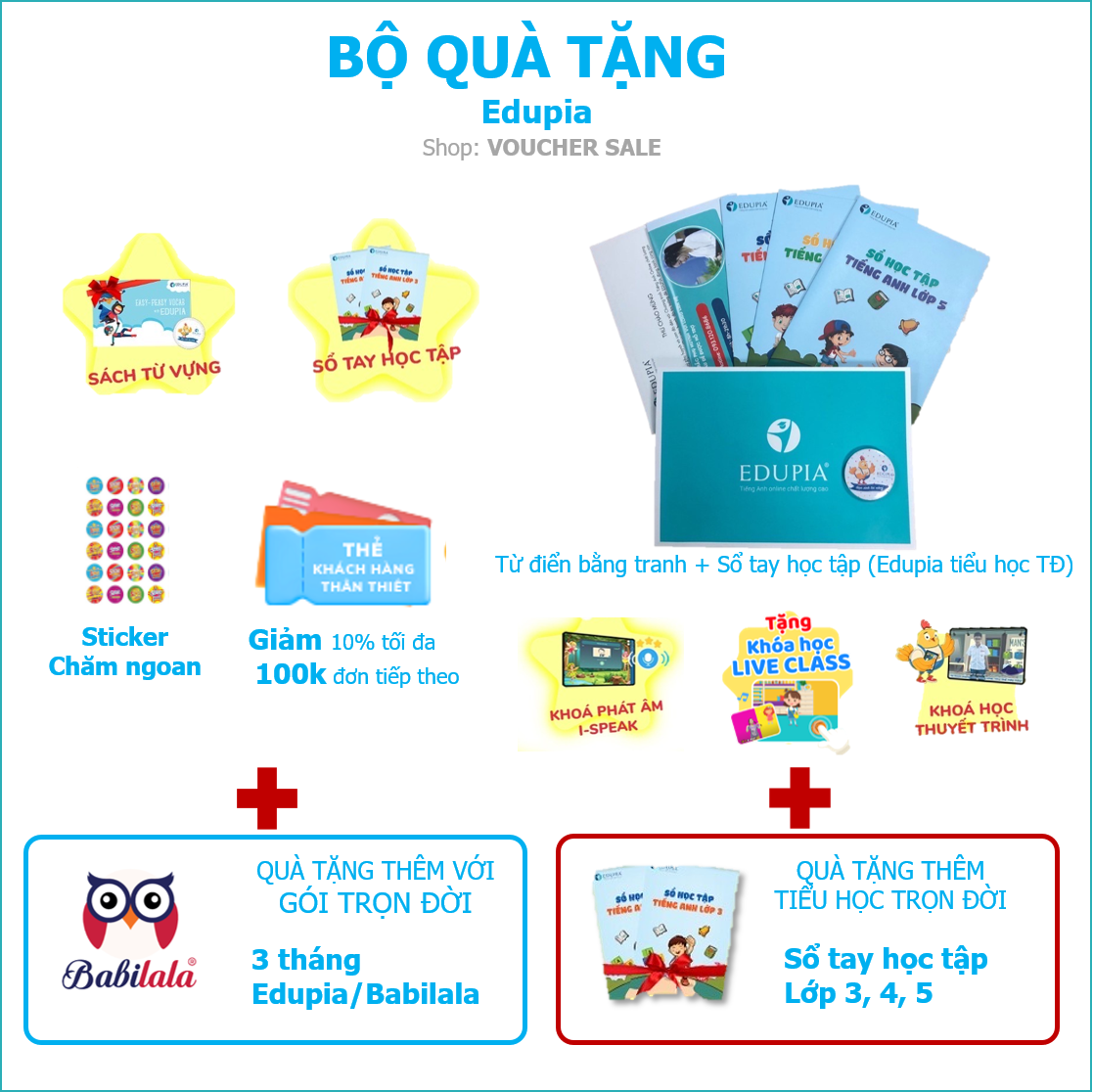 Edupia (1 năm, Trọn đời, Combo) Tiếng Anh Edupia tiêu chuẩn Quốc tế (Tiểu học, THCS)