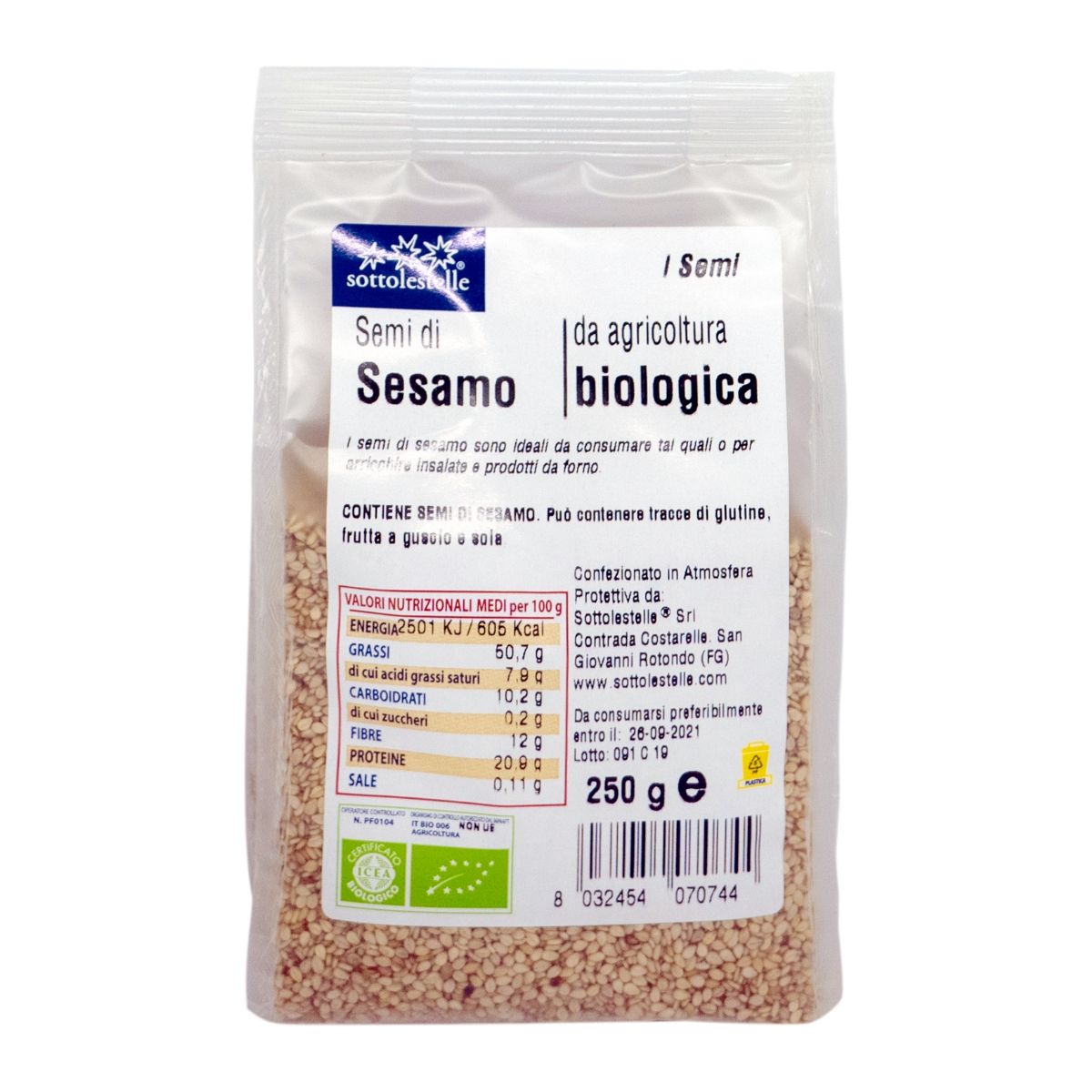 Hạt mè trắng hữu cơ bóc vỏ (Sottolestelle Organic White Sesame Seeds) - 250gr