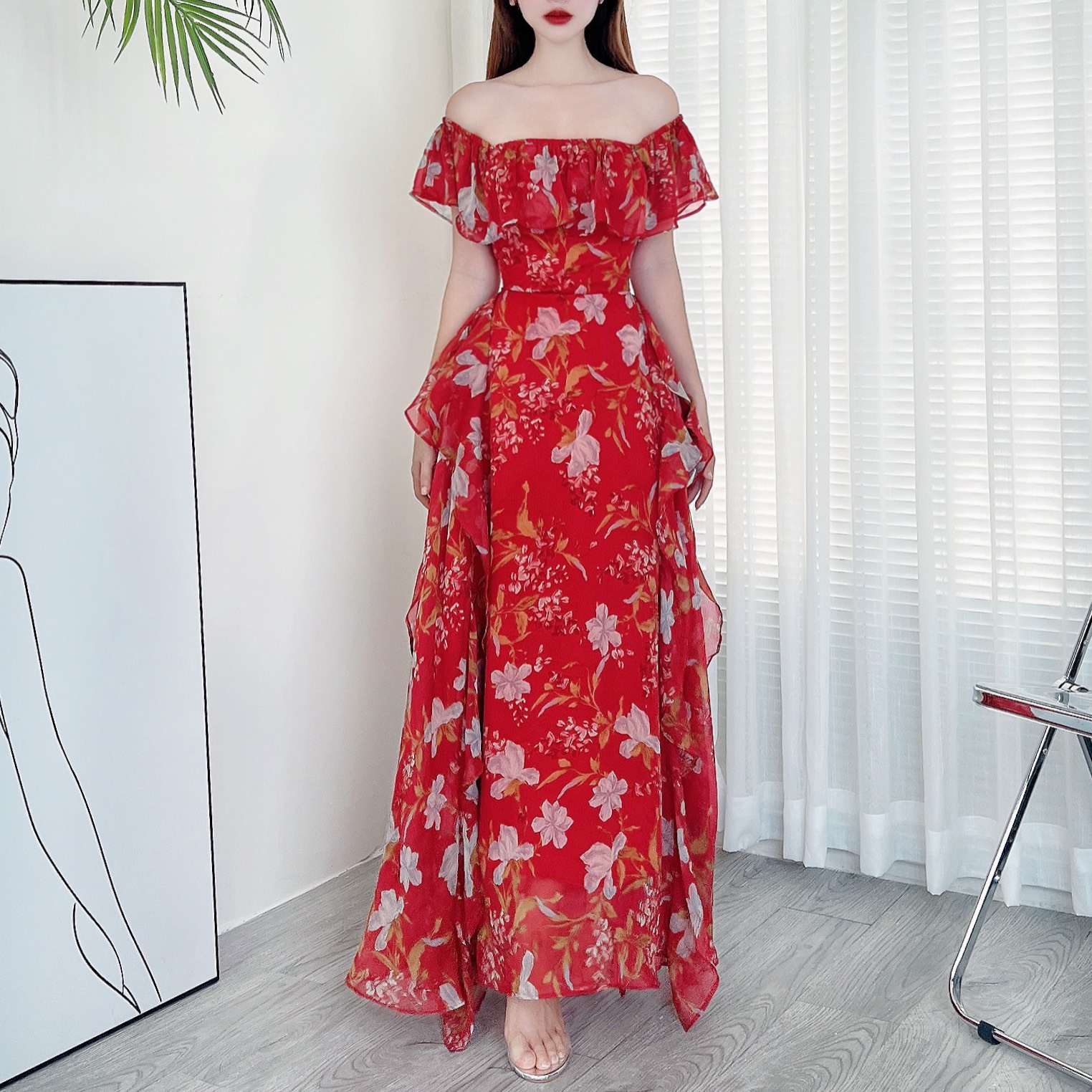 Đầm maxi nữ hoa bèo dọc đuôi cá có thắt eo MIMIX CE5265