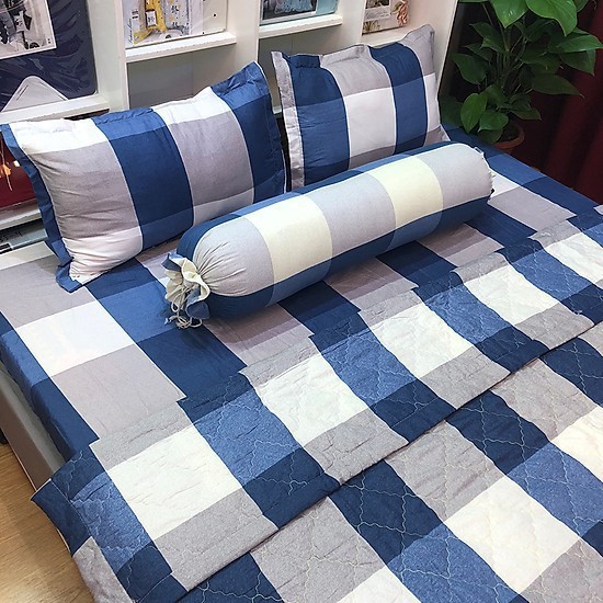 [Giá Hời] Bộ Chăn Ga 5 Món - 4 Món Cotton Poly caro ( 1m6 x 2m ) - ( 1 drap + 1 vỏ gối ôm + 2 vỏ gối nằm + 1 chăn hè )
