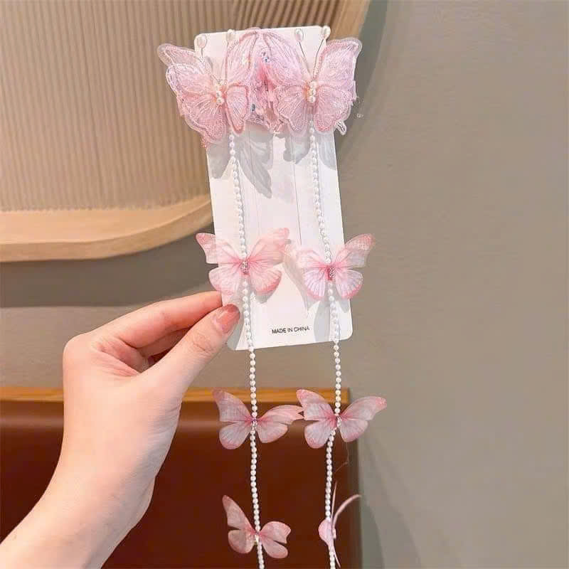 Set 2 kẹp tóc dây chuỗi ngọc bướm nhiều màu siêu cute cho bé