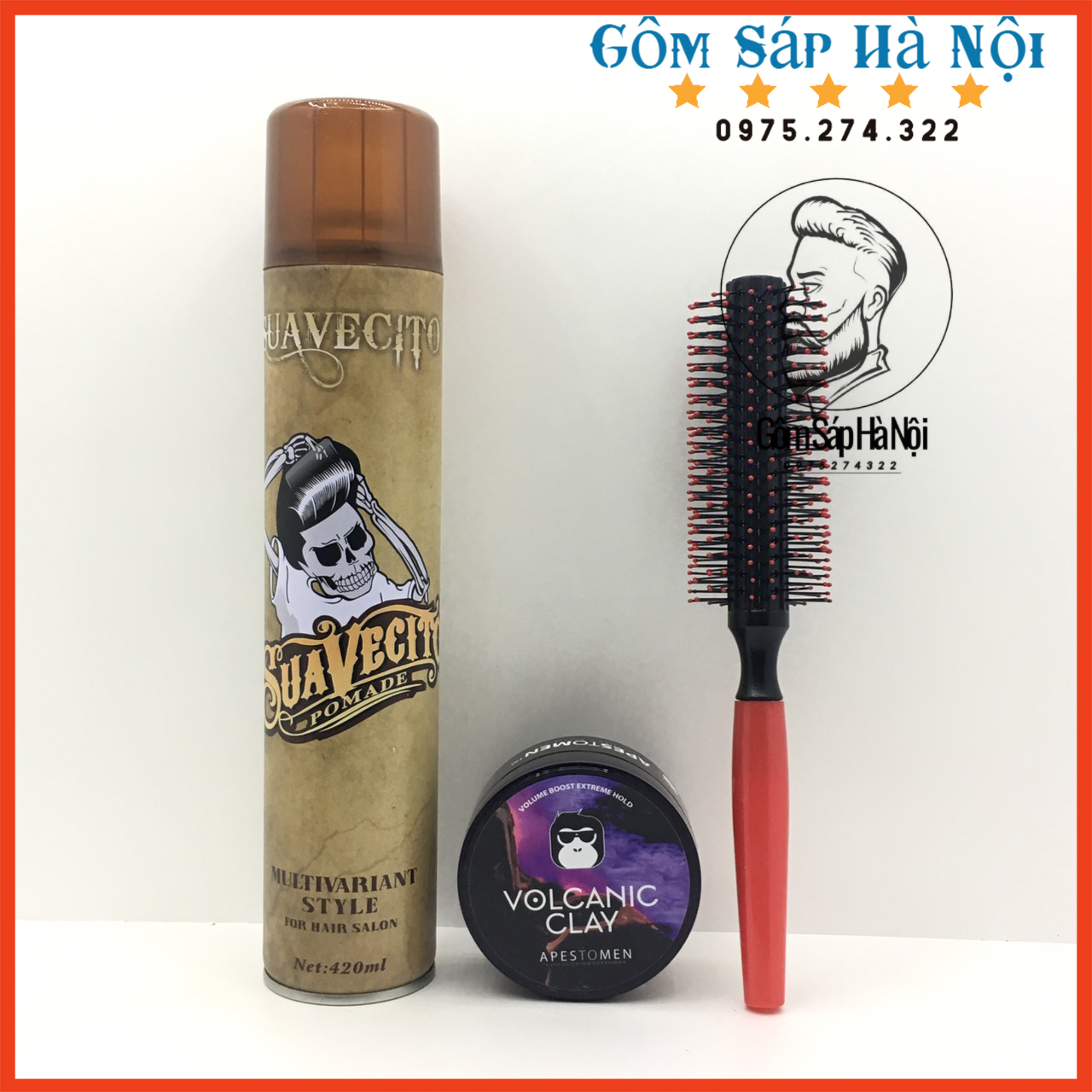 [ Tặng Lược ] COMBO Gôm Xịt Tóc  Suavecito + Sáp Vuốt Tóc Nam Volcanic CLay (Đen)