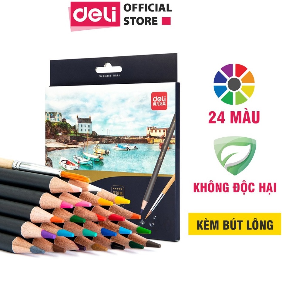 Bút chì màu nước cao cấp Deli 24 - 36 - 48 màu/ hộp kèm bút lông - 6518/6519/6520