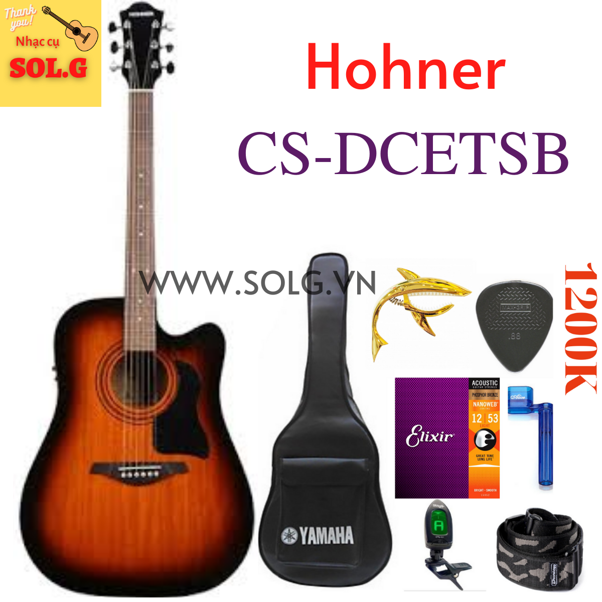 Đàn Guitar Acoustic Hohner CS-DCE có EQ + Phụ Kiện