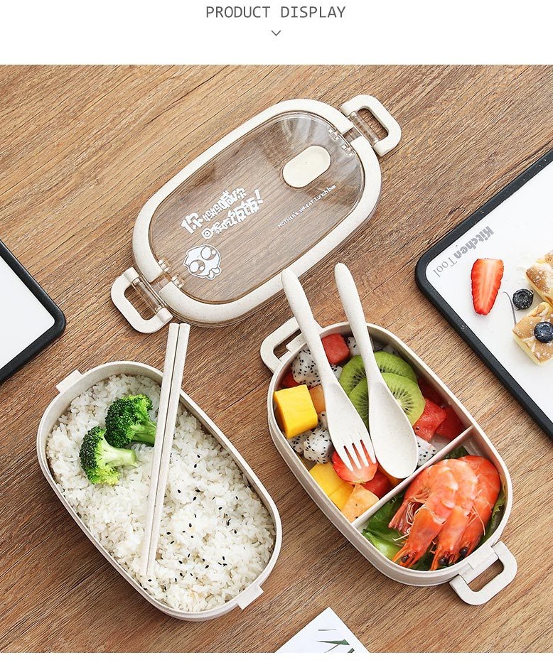 Bộ hộp cơm 2 tầng lua mạch kèm bộ muống đũa nĩa  -  hộp cơm trưa nhân viên văn phòng - Hộp Cơm Giữ Nhiệt 2 Tầng Chất Liệu Nhựa PP Lúa Mạch - CÀ MEN 2 TẦNG GIỮ NHIỆT TỐT- hộp đựng thức ăn -hop com trua -com van phong