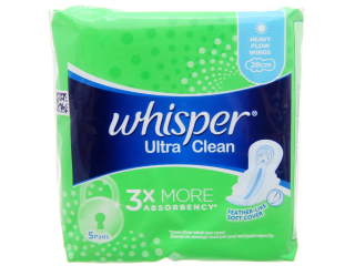 HCMBăng vệ sinh Whisper Ultra Clean siêu thấm có cánh 28cm gói 5 miếng thumbnail