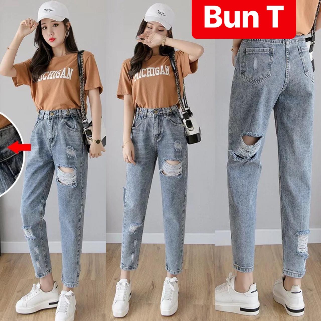 QUẦN BAGGY JEAN NỮ CHẤT BÒ XANH RÁCH GÓT SAU HÀN QUỐC LƯNG CAO NÂNG MÔNG T&T-56 - TRANGBUN FASHION