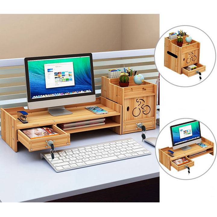 Kệ để màn hình máy tính để dụng cụ bàn làm việc giảm mỏi lưng KMT10 có ổ khóa - Tặng 1 giấy note ghi chú hình trái cây - Gỗ Đậm
