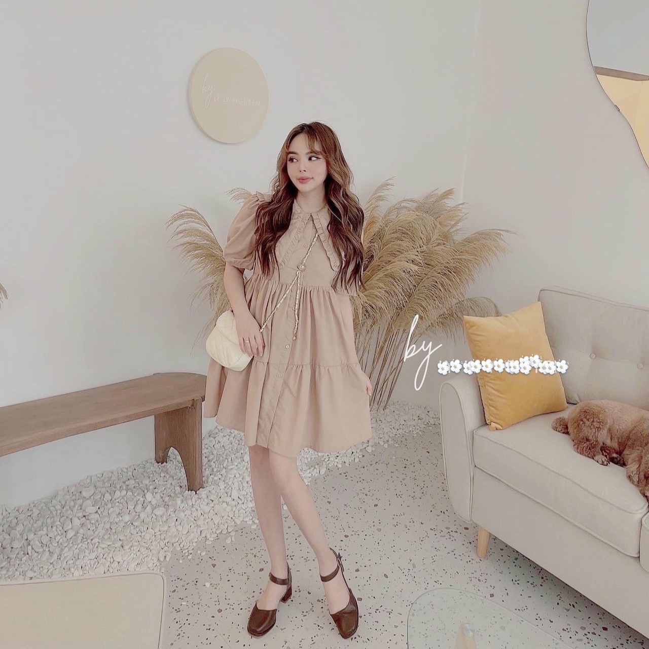 Đầm babydoll kem cổ bèo