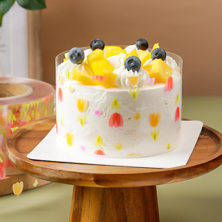 Mica cuộn thành bánh, bao bánh mousse cứng cao 8cm in hình