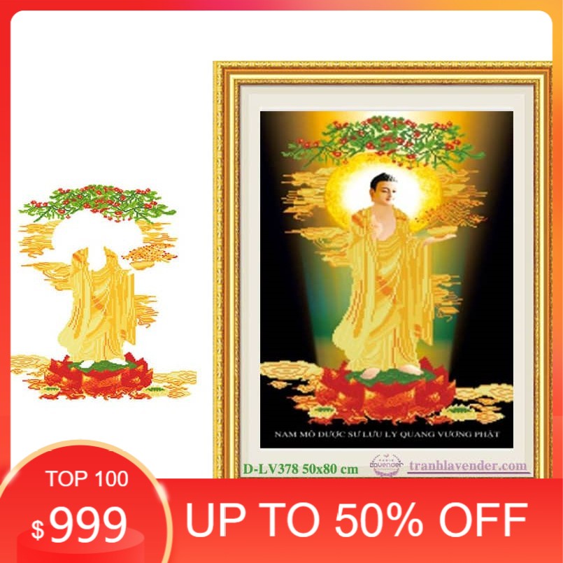 Tranh đính đá PHẬT DƯỢC SƯ LƯU LY QUANG VƯƠNG (ĐÁ ABC CAO CẤP). Kích Thước: 80cm x 50cm