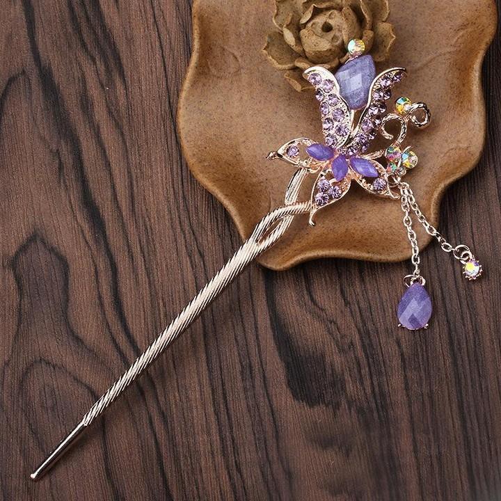 Trâm cài tóc nữ ly tím cổ trang hạt rơi