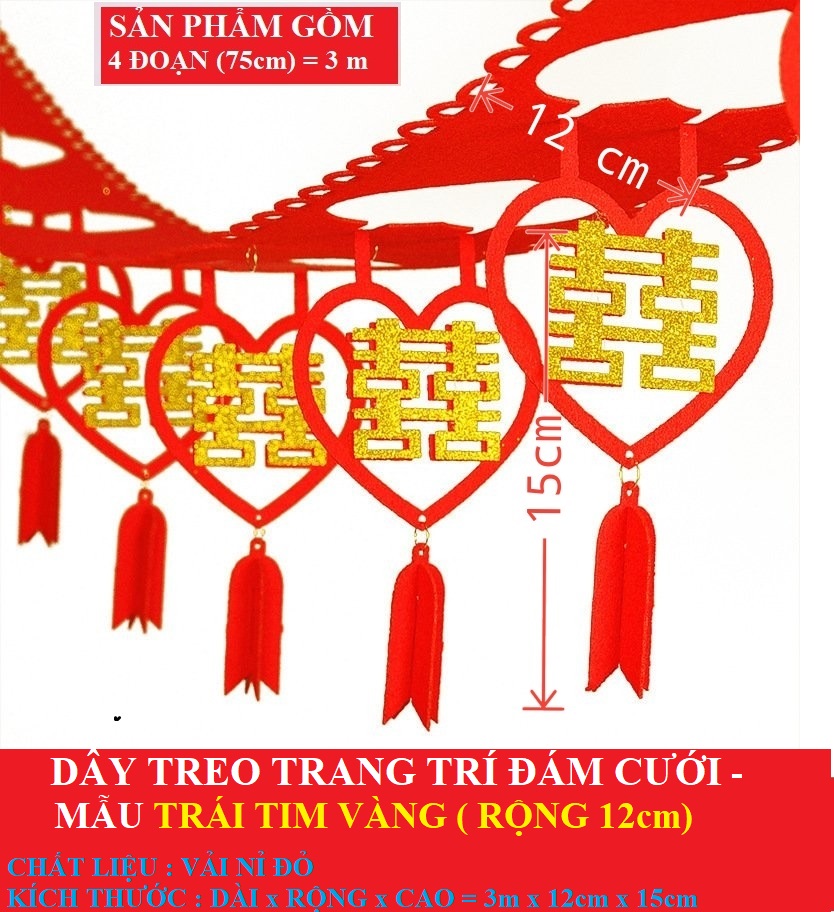 Đám cưới - dây treo chữ hỷ đỏ trang trí đám cưới siêu sang trọng dài 3m và lồng đèn chữ phúc