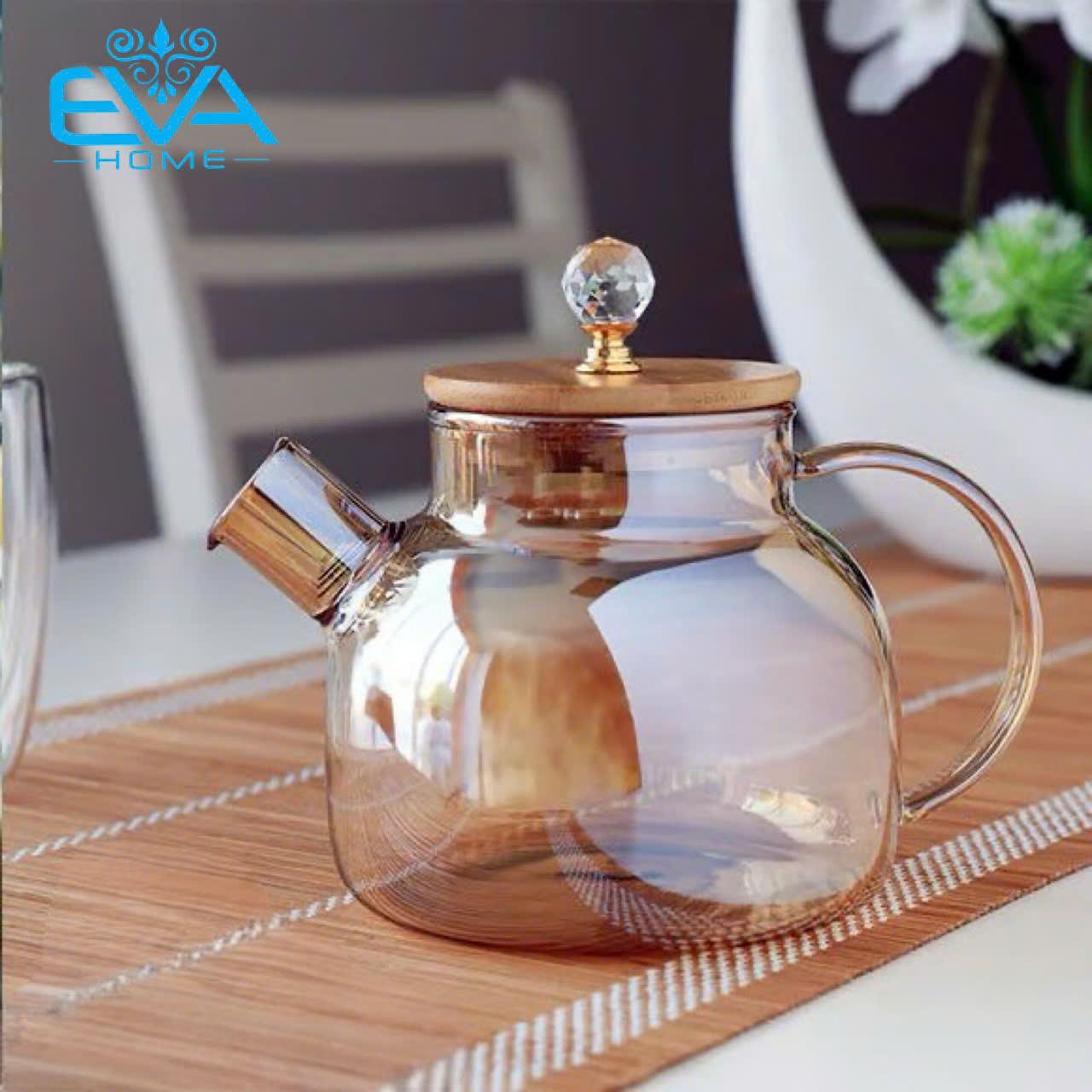 Bình Pha Trà Thuỷ Tinh Ánh Vàng Chịu Nhiệt Lưới Lọc Lò Xo Kèm Nắp Gỗ Cách Điệu Sang Trong 1000ML