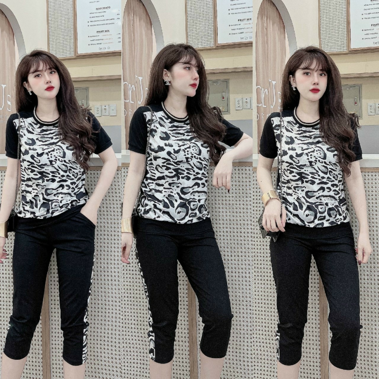 Đồ bộ lửng thun cotton họa tiết da beo (màu nâu, trắng)