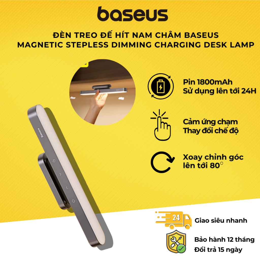 Đèn treo đế hít nam châm Baseus Magnetic Stepless Dimming Charging Desk Lamp (1800mAh ,4000K, 24h sử dụng liên tục, Chống mõi mắt, Đế hít nam châm)