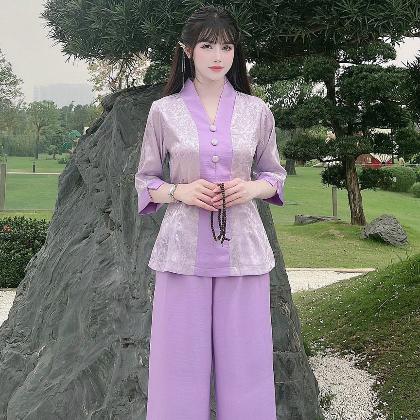 mẫu đồ lam đi chùɑ #bộ bà lai gấm phối lụa-pháp phục đồ lam