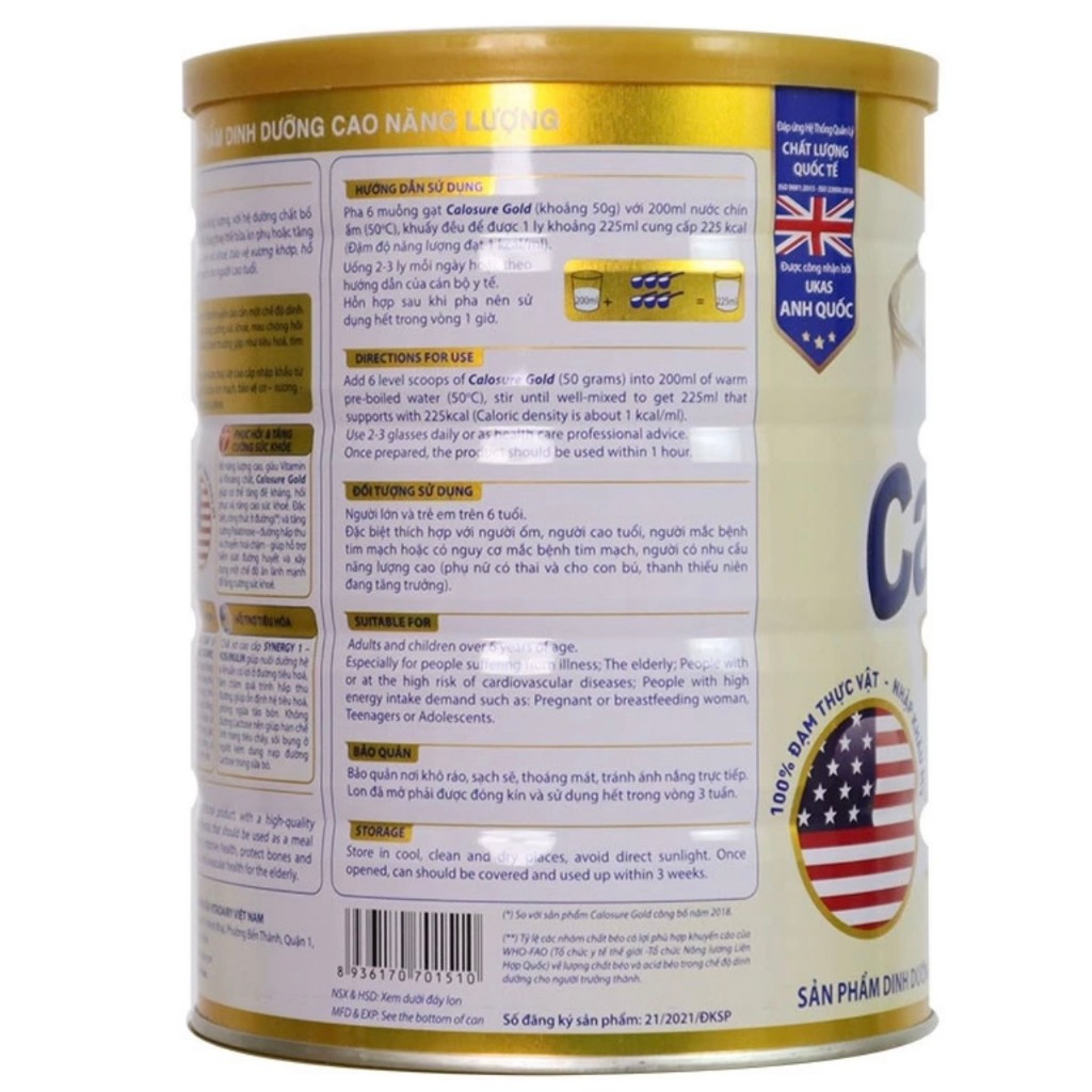 (Tích điểm đổi quà) Sữa bột Calosure Gold 900g (ít đường)