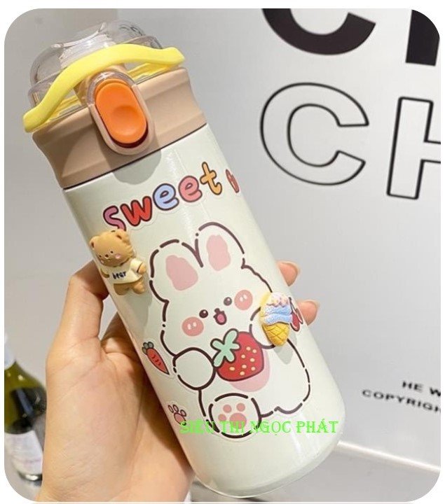 Bình Giữ Nhiệt Gấu HLX_500ML + Ống Hút + Ticker