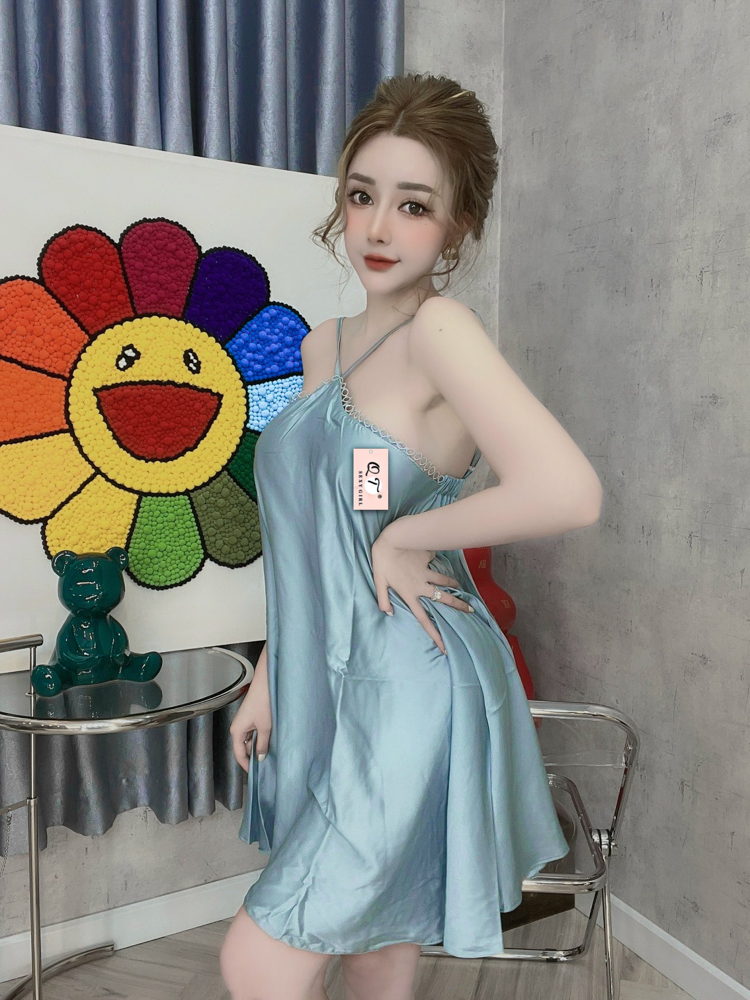 Váy ngủ sexy cổ yếm vải lụa latin kèm quần VD2