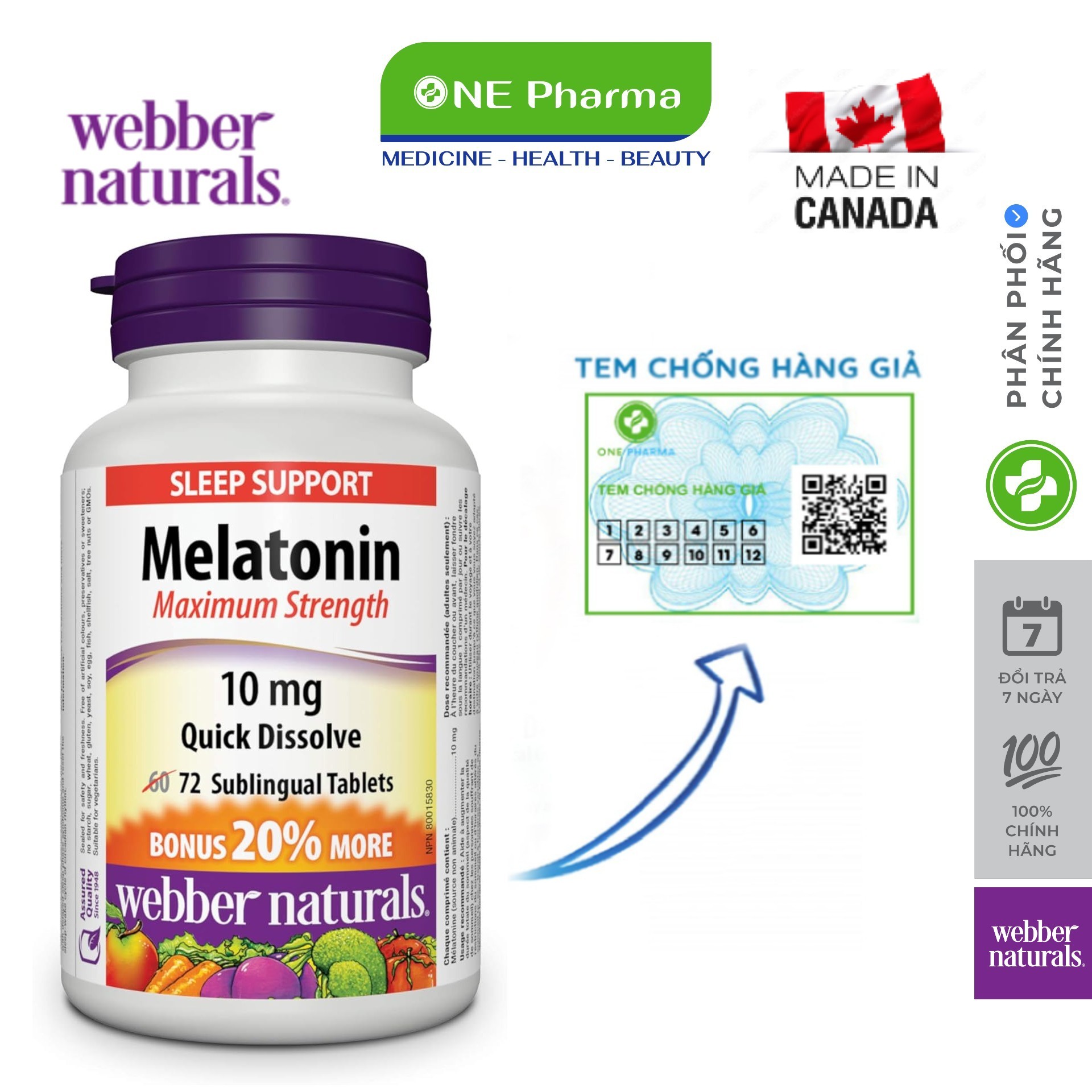 Viên Uống Hỗ Trợ Giấc Ngủ Webber Naturals Melatonin Quick Dissolve 10mg 72 Viên