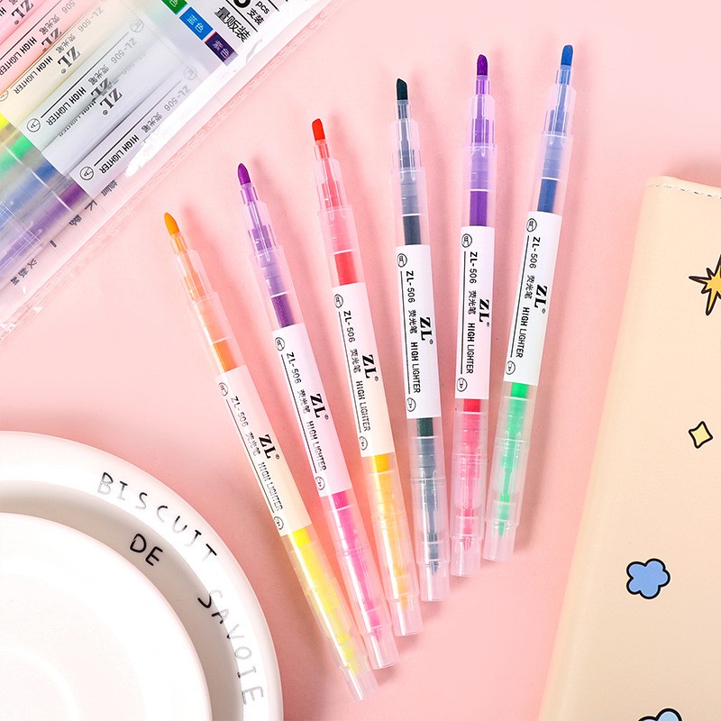 Set 6 bút highlight dạ quang pastel 2 đầu tiện dụng