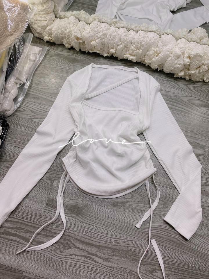Áo kiểu cổ vuông tay dài 1 dây chéo ngực vạt bầu rút dây 2 bên cực hot , chất thun gân dày dặn