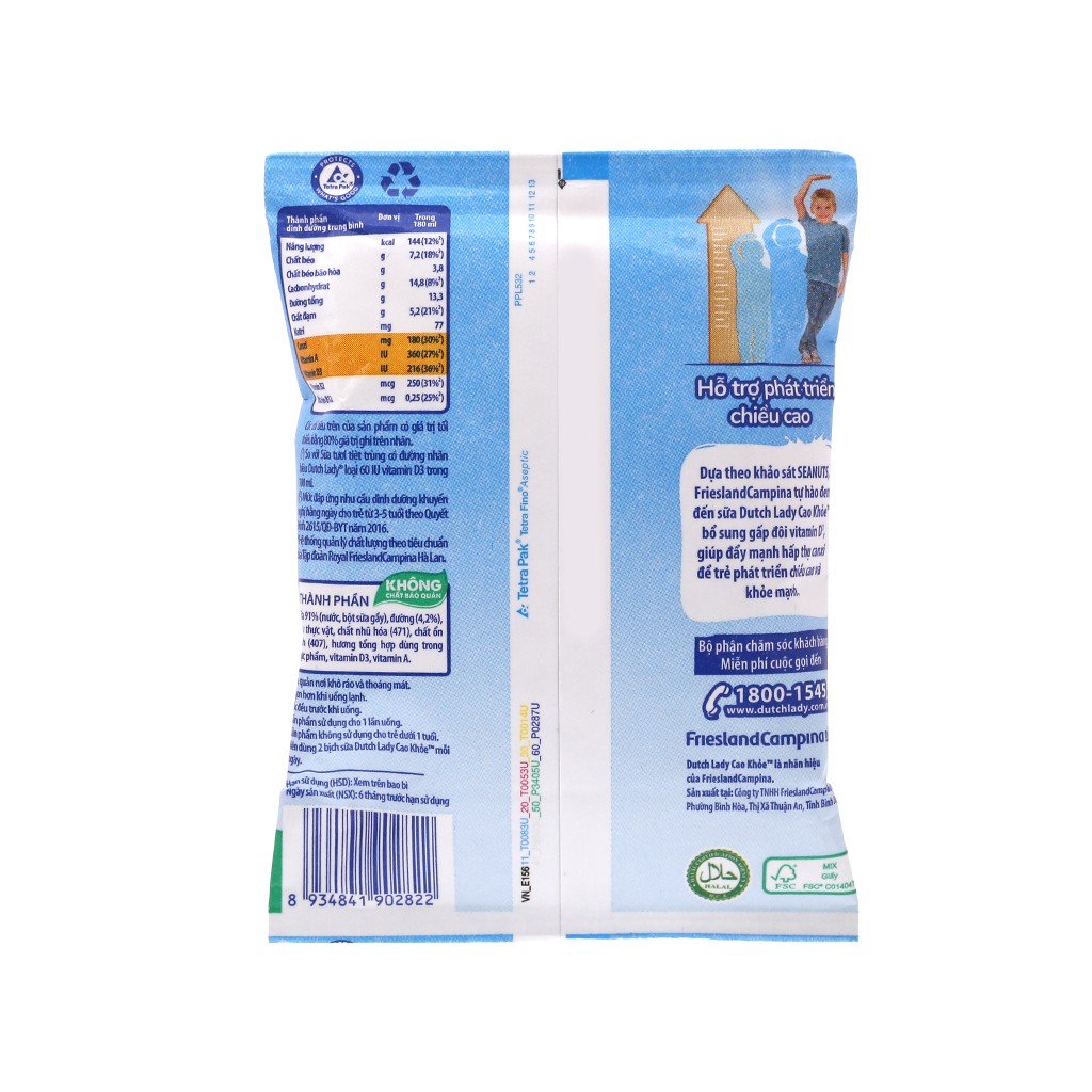 (HSD 23-T2-2025) Thùng 24 bịch Sữa Tiệt Trùng Hà Lan Cao Khỏe 180ml.